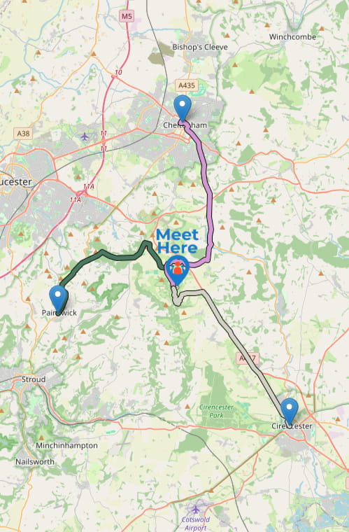 Example map of three different routes to a central meeting point